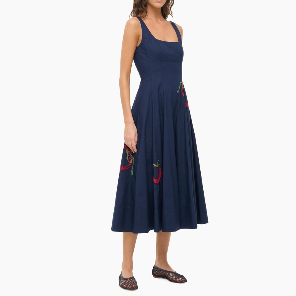 STAUD Wells Embroidered Cotton Poplin Fit & Flare Midi-Dress with Tomatoes